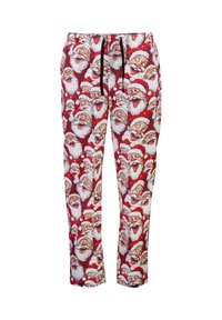Rode pyjamabroek met een herhaald patroon van glimlachende Sint-Nicolaas met witte baarden en rode hoeden, gemaakt van zacht materiaal, met een zwarte trekkoord.
