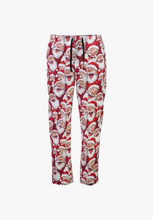 Røde pyjamasbukser med et gentaget mønster af smilende julemander med hvide skæg og røde hatte, lavet af blødt materiale, med en sort snor.