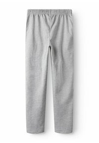 Grå sweatpants med resårmidja, raka ben och mjuk struktur. Inga mönster eller ytterligare detaljer noterade.