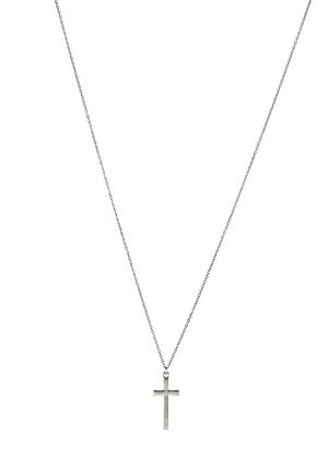 Silver chain necklace featuring a simple, rectangular cross pendant, polished finish, and smooth texture.