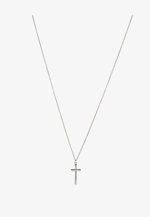 Silberne Ketten Halskette mit einem einfachen, rechteckigen Kreuzanhänger, polierter Oberfläche und glatter Textur.