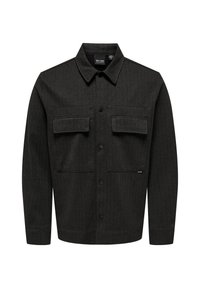 Dark gray plaid shirt jacket with a pointed collar, button closures, two chest pockets, and long sleeves. Made of textured fabric.