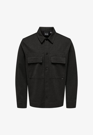 Dark gray plaid shirt jacket with a pointed collar, button closures, two chest pockets, and long sleeves. Made of textured fabric.