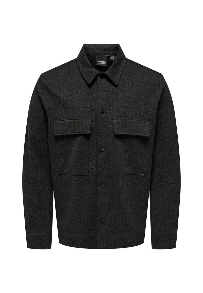 Dark gray plaid shirt jacket with a pointed collar, button closures, two chest pockets, and long sleeves. Made of textured fabric.