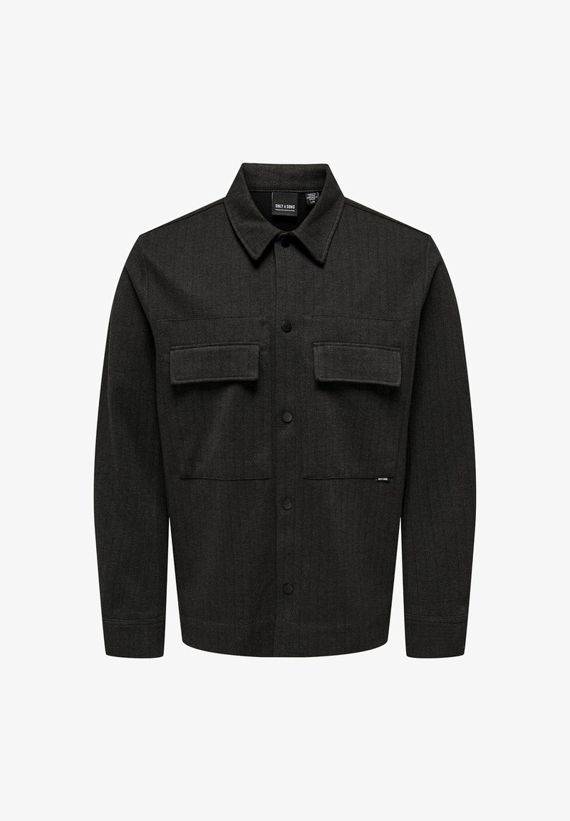 Dark gray plaid shirt jacket with a pointed collar, button closures, two chest pockets, and long sleeves. Made of textured fabric.