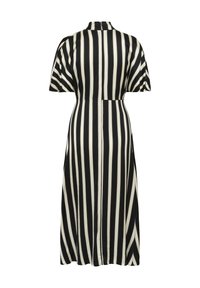 Black and cream striped dress with short sleeves, high neckline, and a fitted waist, falling to mid-calf length with a smooth texture.