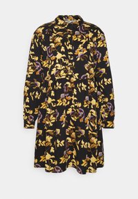 Vestido negro de manga larga con estampado floral amarillo y púrpura, frente abotonado, cuello y cintura fruncida.