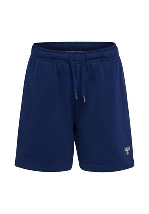 Marineblå elastiske shorts med snøre i taljen og lille logo på venstre underben, vist på hvid baggrund.