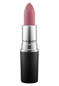 Rouge à lèvres MAC dans un tube argenté métallique avec une base noire mate, présentant une teinte rose douce avec une texture lisse et une pointe effilée.