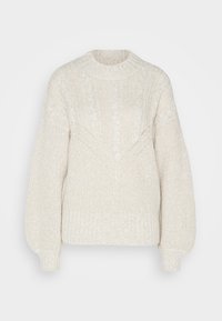 Cremefarvet strikket sweater med rund halsudskæring, struktureret mønster og ribbede manchetter, der har en afslappet pasform og diskret detaljering.