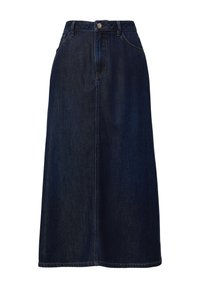 Gonna in denim blu scuro con taglio dritto, vita alta, chiusura con bottoni frontali e cuciture a contrasto. Lunghezza midi senza decorazioni.
