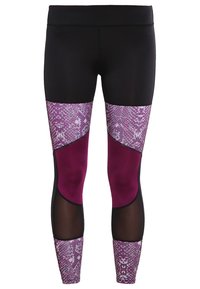 Vysoce výkonné legíny s černým základem, fialovými a vzorovanými panely a síťovanými vsadkami pro prodyšnost. Měkká, pružná látka.