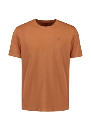 Kurzarm-T-Shirt in erdigem Braun, aus weicher Baumwolle gefertigt. Verfügt über einen runden Ausschnitt und ein minimalistisches Logo-Detail auf der Brust.