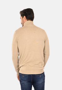 Maglione beige con colletto alto, realizzato in un materiale a maglia liscia; presenta polsini e orlo a coste, indossato con jeans in denim blu.
