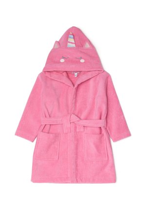 Pinke Fleece-robe mit Kapuze, die über Einhornohren und ein buntes Horn verfügt. Mit zwei vorderen Taschen und einem passenden Gürtel. Weicher Stoff.