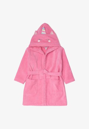 Bata de felpa rosa con capucha que presenta orejas de unicornio y un cuerno colorido. Incluye dos bolsillos frontales y un cinturón a juego. Textura suave.