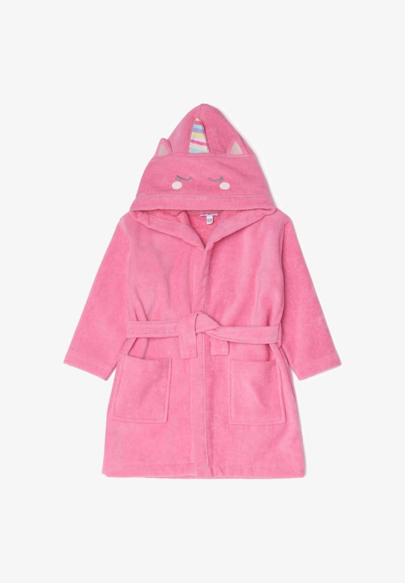 Accappatoio in pile rosa con cappuccio decorato con orecchie di unicorno e un corno colorato. Include due tasche frontali e una cintura coordinata. Texture morbida.