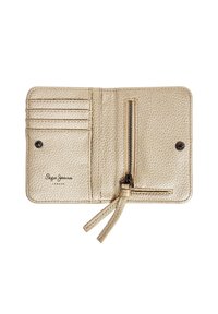 Gold textured wallet with multiple card slots, a zippered compartment, and a hanging zipper pull, featuring a logo in one corner.