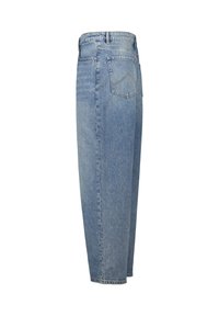 Lichtblauwe tapered jeans van denim, met een hoge taille, vijf zakken en een iets vervaagde textuur met een klassiek ontwerp van de achterzak.
