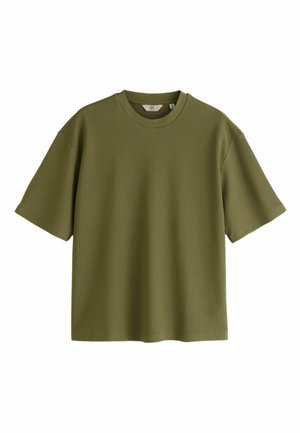 Olive green short-sleeve ribbed knit T-shirt with a crew neckline, displayed flat on a white background.
