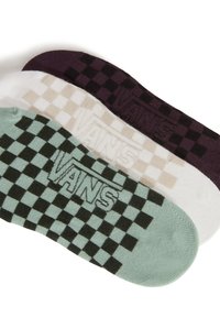 Drie paar Vans sokken: paars, wit en mintgroen, met een dambordpatroon en het Vans-logo verweven in het ontwerp.
