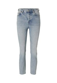 Ljusblå högmidjade jeans i denim. Har fem fickor, bälteshällor och en blekt textur med subtila slitningar. Rakt ben-design.