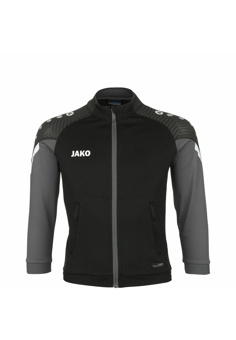 Zwarte en grijze sportjack met ritssluiting, twee voorkeurszakken en schouderaccents met een gestructureerd patroon en logo.