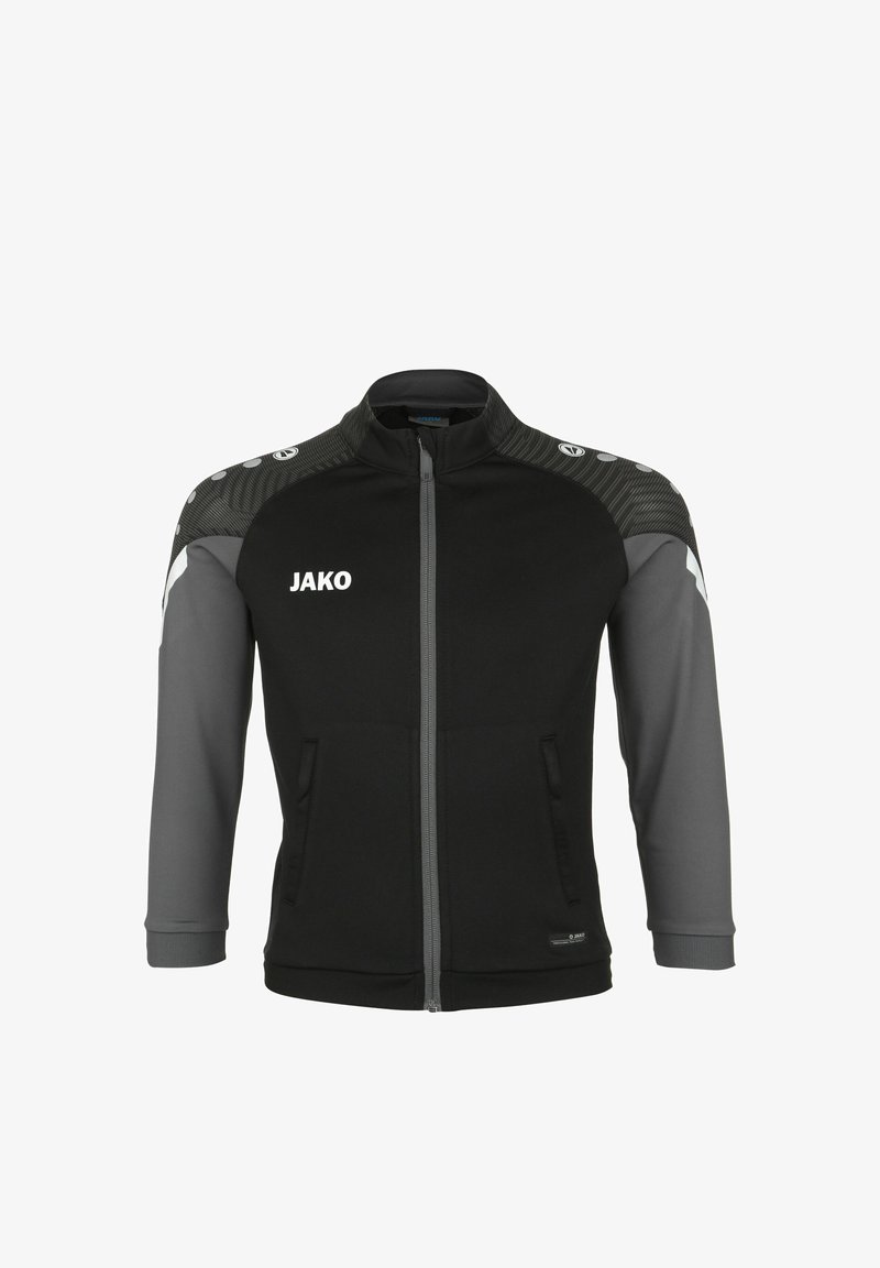 Zwarte en grijze sportjack met ritssluiting, twee voorkeurszakken en schouderaccents met een gestructureerd patroon en logo.