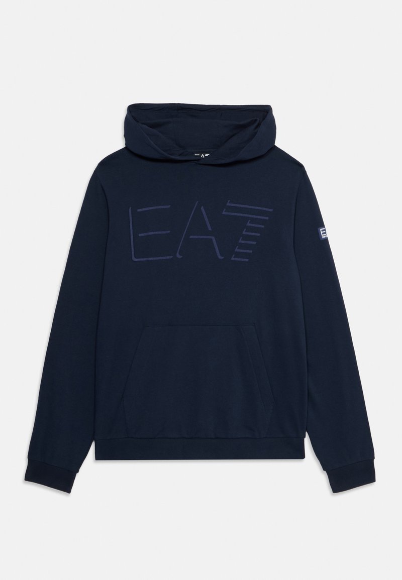 Sweatshirt azul marinho com capuz em tecido suave, com logótipo "EAT", bolso canguru à frente e punhos elásticos com um pequeno detalhe de marca na manga.