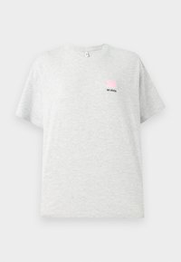 Light gray short-sleeve T-shirt made of cotton, featuring a small pink bucket hat graphic and "BE GOOD" text embroidered in black.