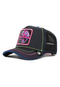 Cappellino da camionista nero con cuciture multicolori, presenta una grafica di un camaleonte con contorno rosa su una toppa quadrata. Pannelli posteriori in rete.