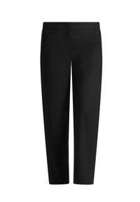 Pantaloni neri su misura in tessuto liscio, con chiusura a bottone, design a gamba dritta, senza motivi o accenti visibili.