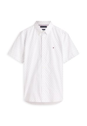 Chemise blanche à manches courtes avec un petit motif gris clair et le logo Tommy Hilfiger sur la poitrine gauche.
