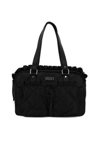 Borsa a tracolla nera trapuntata con dettagli arricciati, due tasche frontali e accessori in argento lucido. Doppi manici per un facile trasporto.