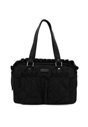 Borsa a tracolla nera trapuntata con dettagli arricciati, due tasche frontali e accessori in argento lucido. Doppi manici per un facile trasporto.