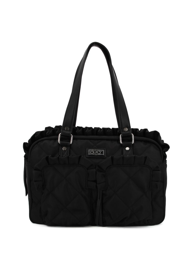 Borsa a tracolla nera trapuntata con dettagli arricciati, due tasche frontali e accessori in argento lucido. Doppi manici per un facile trasporto.