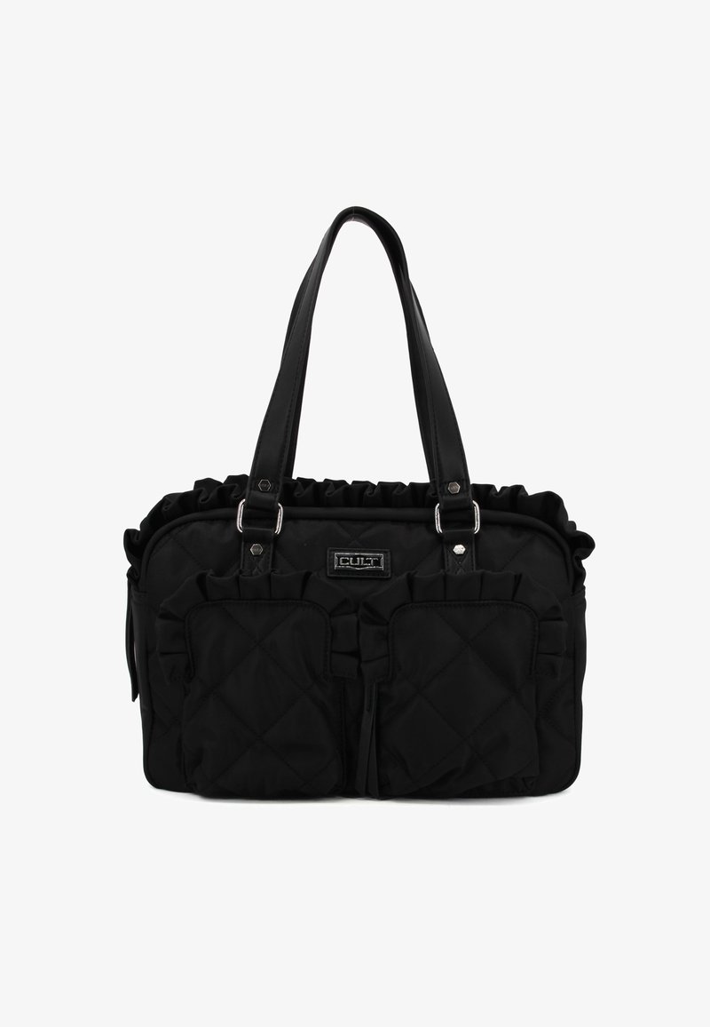 Borsa a tracolla nera trapuntata con dettagli arricciati, due tasche frontali e accessori in argento lucido. Doppi manici per un facile trasporto.