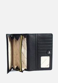 Black leather wallet with a textured finish, multiple card slots, three compartments, and a zipper closure with a yellow accent.