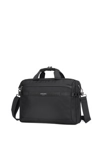 Zwarte laptoptas van duurzaam materiaal, met een gestructureerde vorm, bovenhandvatten, een afneembare schouderband en een voorkant met ritsvak.