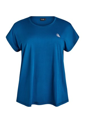 Blaues kurzärmliges T-Shirt aus weichem Stoff; runder Ausschnitt; verfügt über eine kleine weiße Grafik auf der oberen linken Brust.