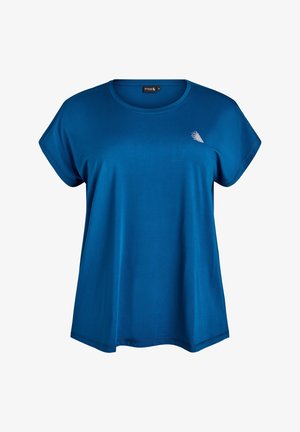 Blaues kurzärmliges T-Shirt aus weichem Stoff; runder Ausschnitt; verfügt über eine kleine weiße Grafik auf der oberen linken Brust.