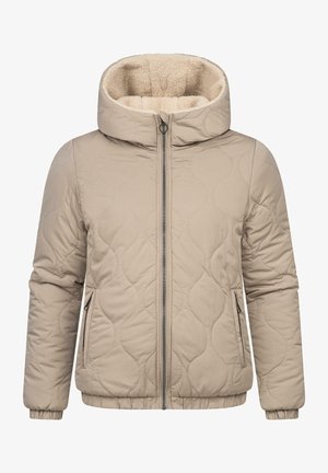 Beige quilted jacket with a hood, featuring a soft, furry lining, zip closure, and side pockets. Ribbed cuffs and hem for a snug fit.