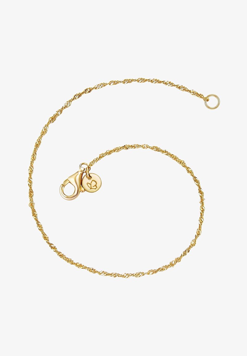 Auksinė suktinė grandinėlė su užsegimu ir apvaliu žavesiu, ant kurio yra logotipas. Lygus paviršius ir šlifuotas apdaila.