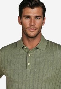 Polo vert à rayures avec un tricot texturé, doté d'un col classique et d'une patte de boutonnage à trois boutons. Le tissu semble doux et léger.