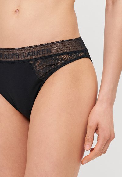 Black lace and cotton boyshorts featuring a lace panel and an elastic waistband with "RALPH LAUREN" printed along the top.