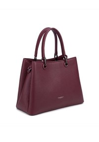 Borsa a tracolla in pelle testurizzata di colore viola scuro con due manici, hardware in metallo argentato e forma rettangolare strutturata.