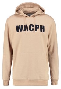 Felpa beige realizzata in tessuto morbido, con tasca a marsupio, cordini e bold testo nero "WACPH" sul davanti.