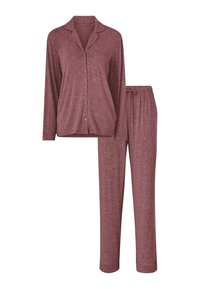 Wijnkleurige pyjama-set met een lange mouwen overhemd met knopen, voorzien van een zak, en bijpassende elastische broek; zacht, gestructureerd stof.