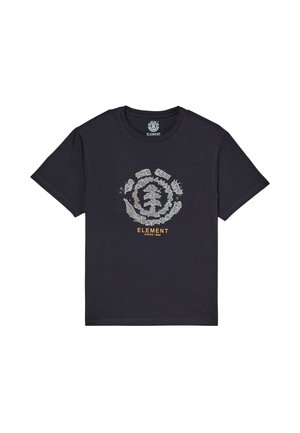 T-shirt noir à manches courtes avec un logo cercle fissuré et un motif arbre en gris, et le mot "ELEMENT" en orange sous le graphisme.