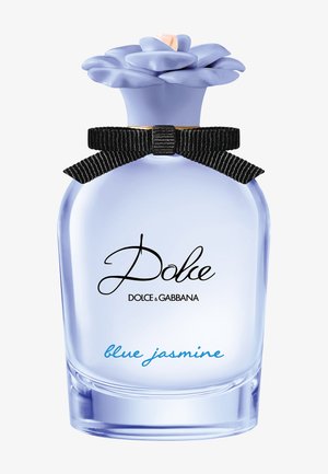 Flacon de parfum Dolce & Gabbana bleu clair avec nœud noir et bouchon en forme de fleur étiqueté "blue jasmine."